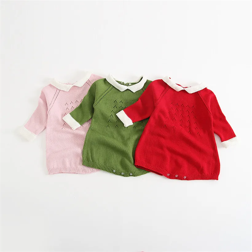 Милый детский комбинезон, чистый цвет, вязаный свитер, комбинезон для новорожденных, осенний костюм с длинными рукавами для малышей