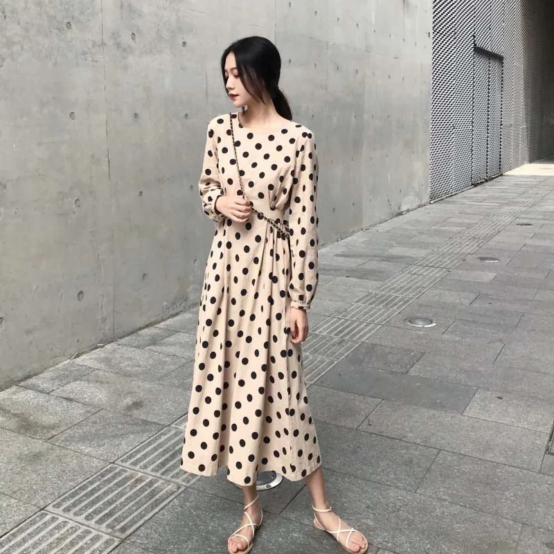 

vintage polka dot long sleeve long dress women summer beach dress 2019