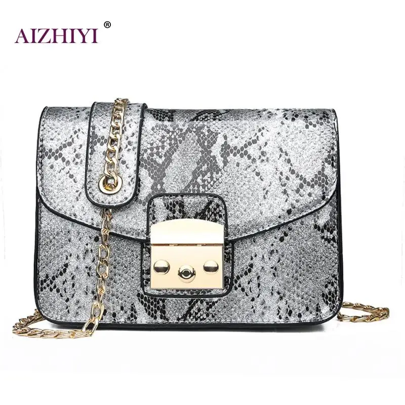 

Female Fashion Casual Glossy Snake Print Shoulder Handbags PU Leather Women Flap High Quality Chain Crossbody Bags bolso mujer