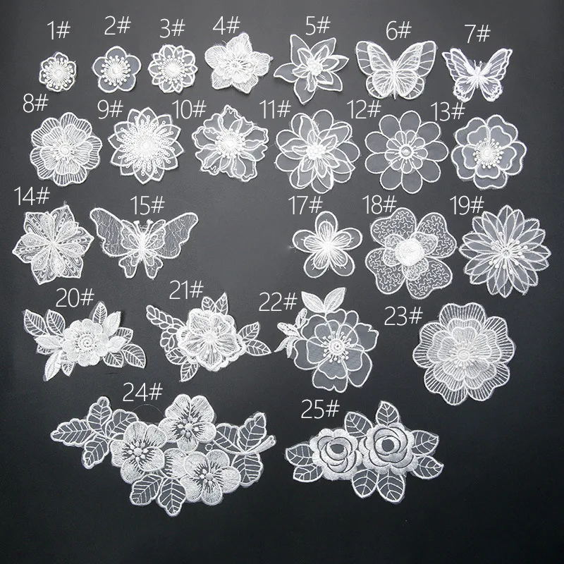 

White Lace Embroidery Patches Sew Ion on Clothes Organza Flower Butterfly Appliques for Clothing Wedding Dress Decoration Stripe