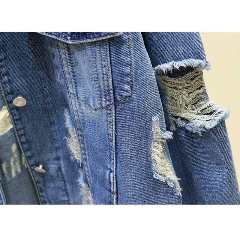 Мода отверстия джинсовая куртка Верхняя одежда Демисезонный письмо Джинсы с вышивкой пальто Для женщин Большие размеры Свободная джинсовая куртка уличная
