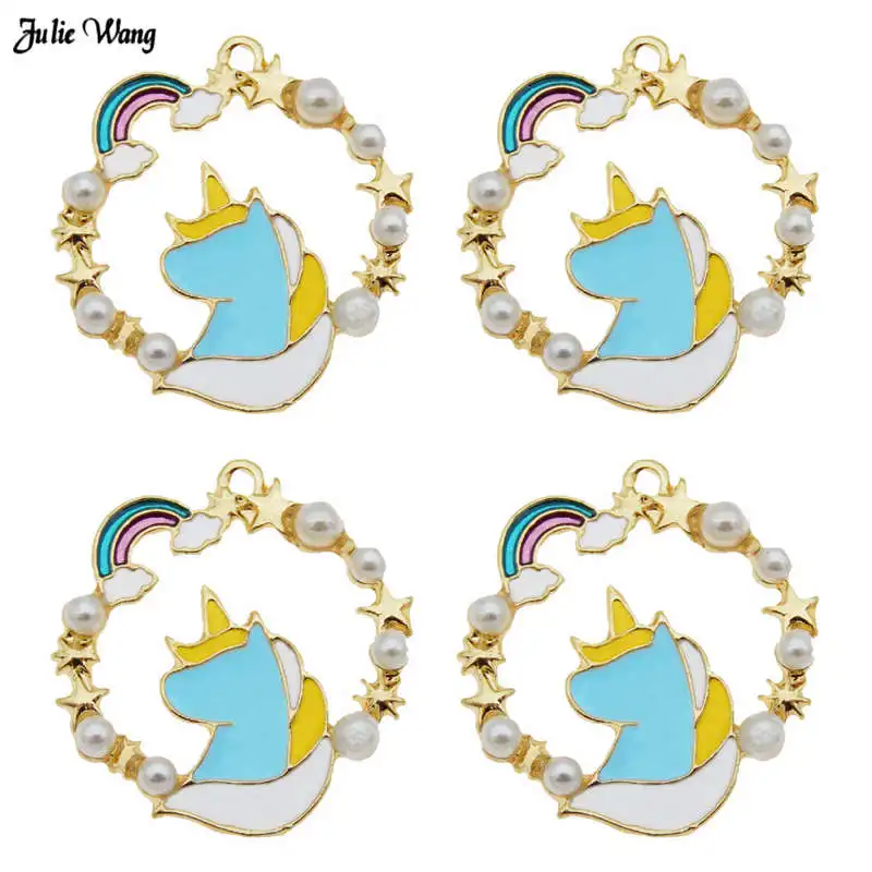 

Julie Wang 4-8pcs Alloy Enamel Unicorn Charms Earring Necklace Pendant Blue Pendants For Women Bracelet Jewelry Making 24*23mm