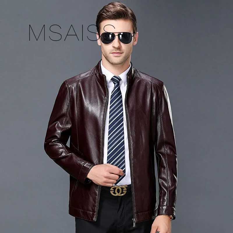 MSAISS Осень Высокое качество среднего возраста мужская кожаная куртка офисная Мужская теплая овчина пальто папа подарок повседневная куртка
