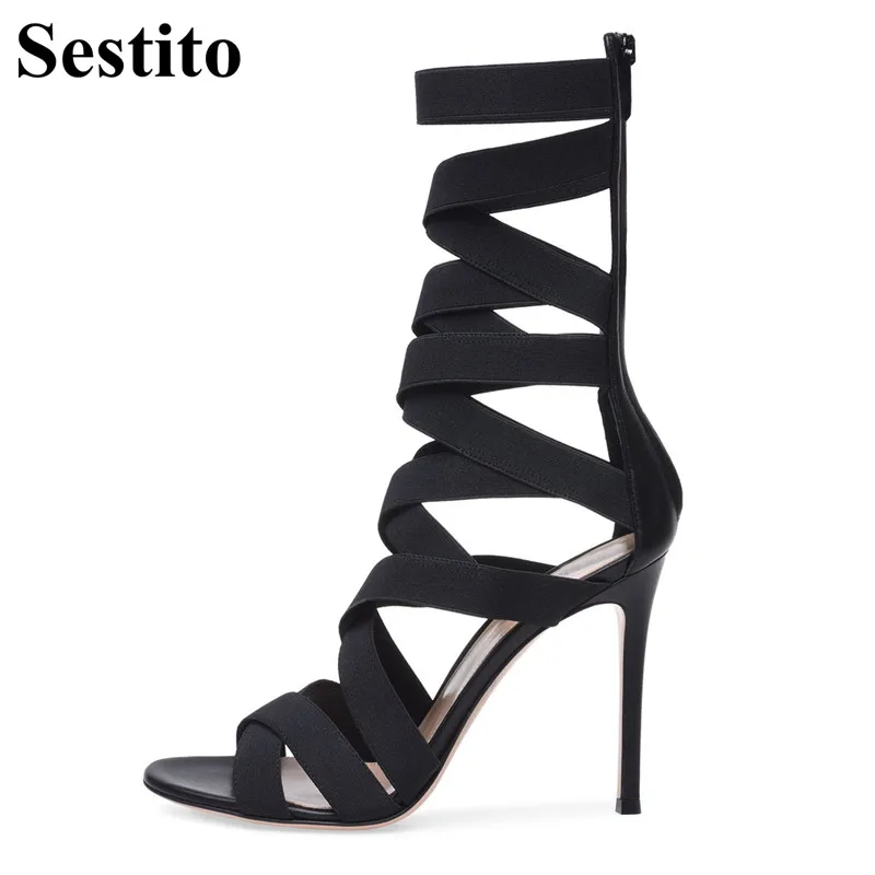 

European Sexy Black Cross-tied Peep Toe Formal Dress Women Sandals Super High Thin Heels Back Zipper Ankle Ladies Shoes Summer