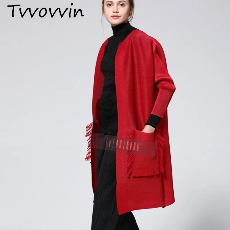

TVVOVVIN 2019 New Summer And Autumn Fashion Women Clothes Full Sleeves Pleated Red Coloar Open Stitch Cardigan C355