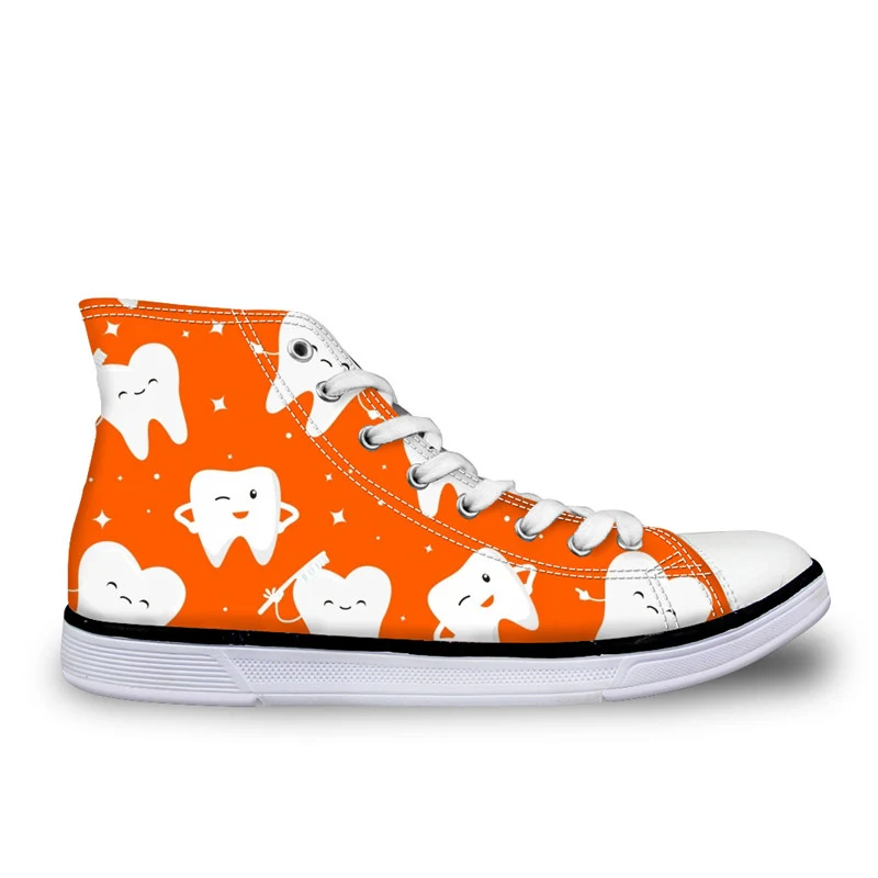 

THIKIN Orange Color Canvas Shoes Dentist Printing Shoes Fashion Flat Shoes High-top Shoes for Ladies Wear-resist Walking Shoes