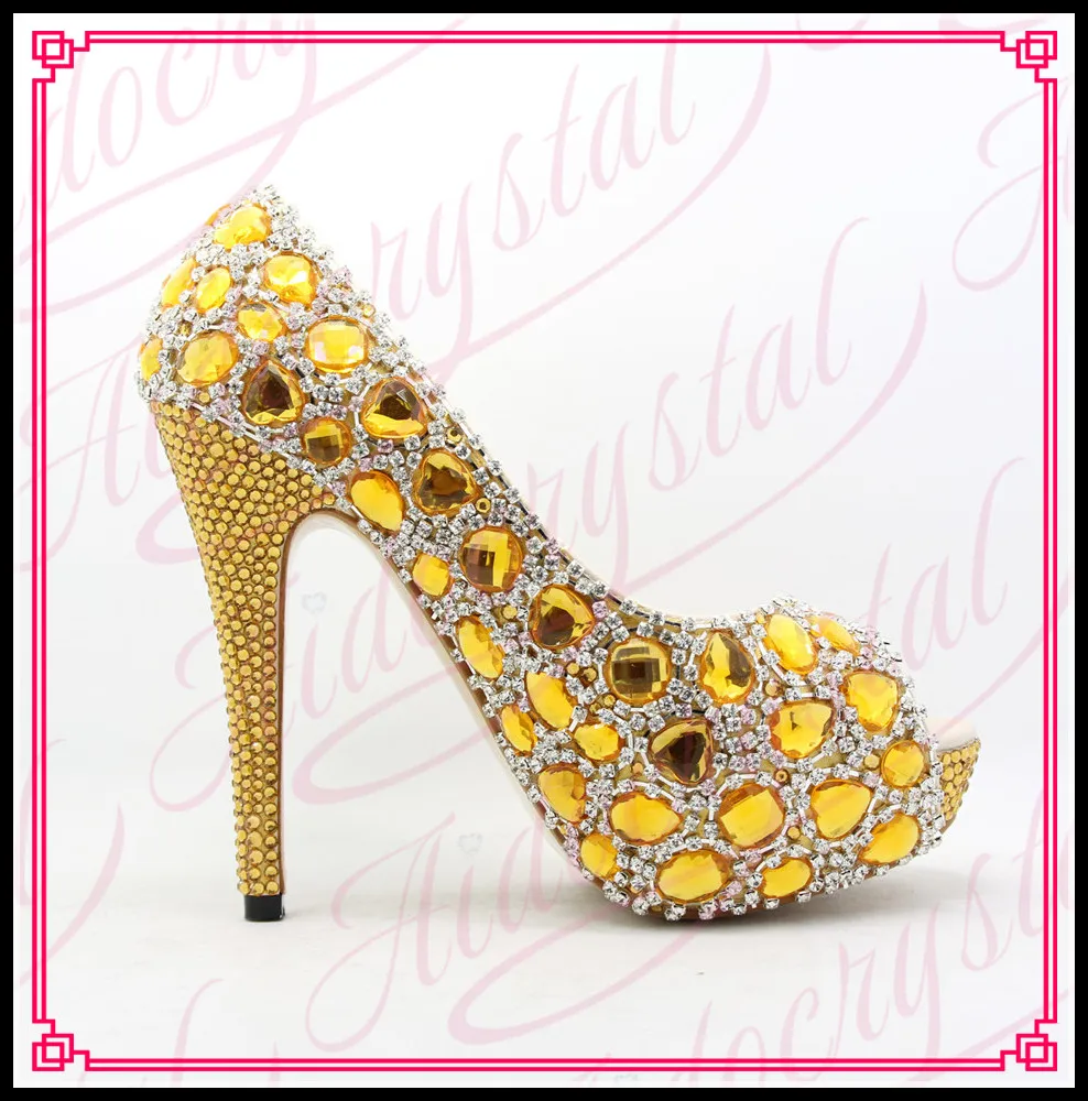 Aidocrystal Women Gold Yellow Crystal Rhinestone Diamond Open Toe High ...