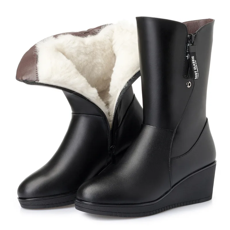 Velours Et Plush D'hiver Marque Laine Neige Véritable Chaud En Nouvelles Cuir Zxryxgs 2018 Dans Inside tube Hauts Pente black Black De Talons Wool Chaussures Bottes ZwPnqSx6