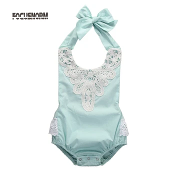

4Color! Baby Girl Spaghetti Straps Halter Sky Blue Lace Romper Backless Jumpsuit Lace Sunsuit Outfits One-pieces