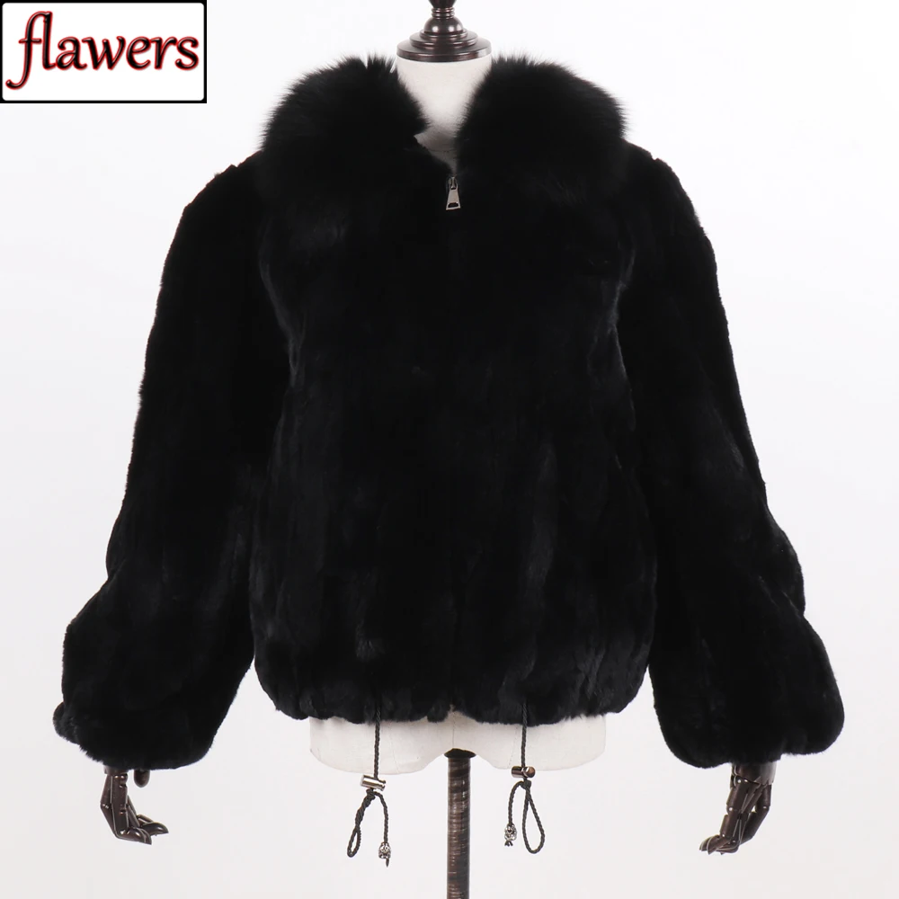 

New Lady Real Rex Rabbit Fur Jacket Russia Women Winter Warm 100% Natural Real Rex Rabbit Fur Coat With Fox Fur Collar Coats