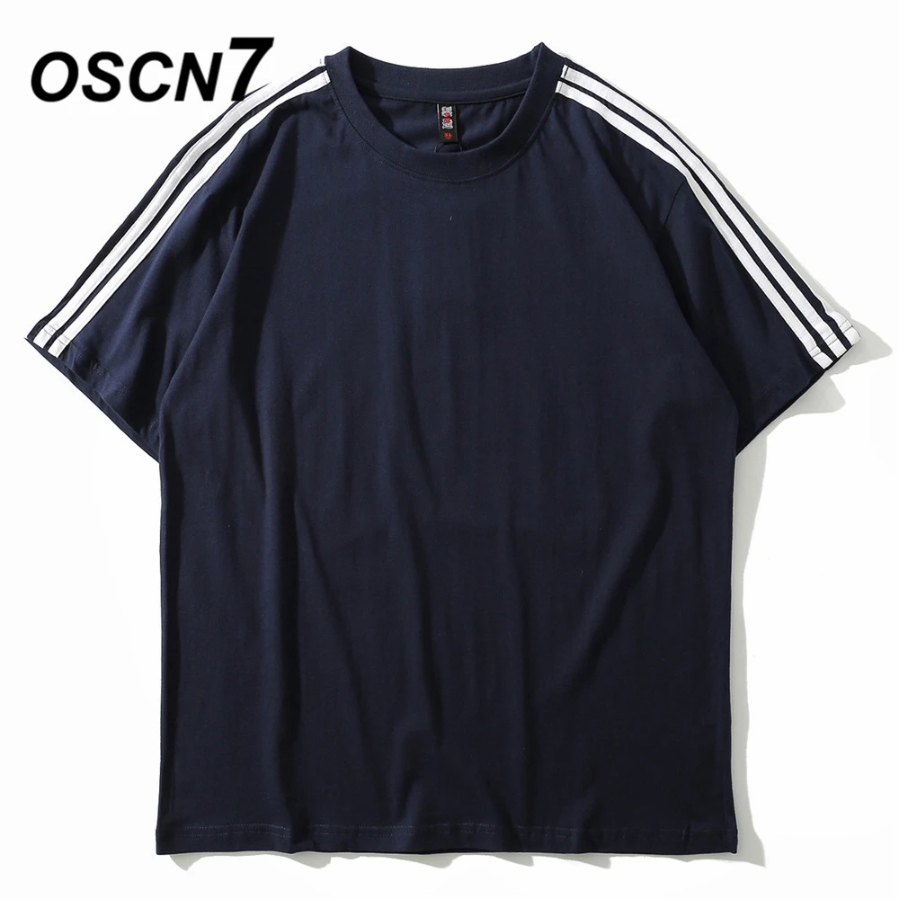 

OSCN7 Plain Stripe Short Sleeve Men's Casual T-shirt Women 2019 Summer Retro Streetwear Trend Hip Hop Top Tee Men 7A001