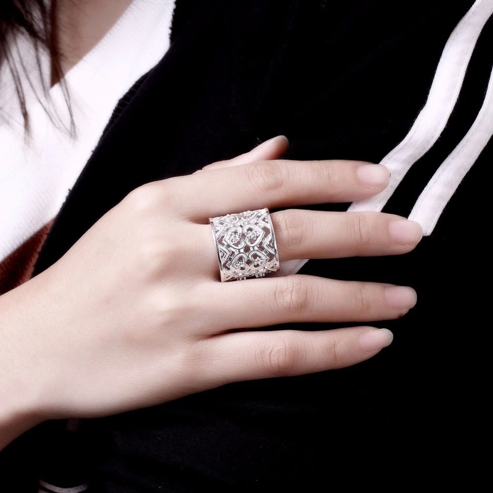 LEKANI серебряное кольцо 925 модное большое Сетчатое плетение 925 Серебряное Ювелирное кольцо с полым сердцем подарок для женщин и мужчин кольца на палец