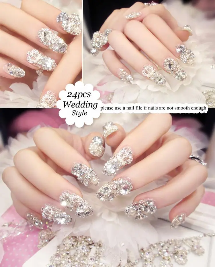 

24 pieces (Pre-glue) Noble Manicure 3D Rhinestone Glitters Bling Decoration Long Fake false Acrylic Sticker Nail Tip With Glue
