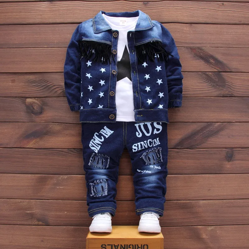 Vestidos/Одежда для маленьких мальчиков коллекция года, модная джинсовая куртка+ футболки с длинными рукавами Топы+ джинсовые костюмы детские спортивные костюмы Bebes - Цвет: Синий
