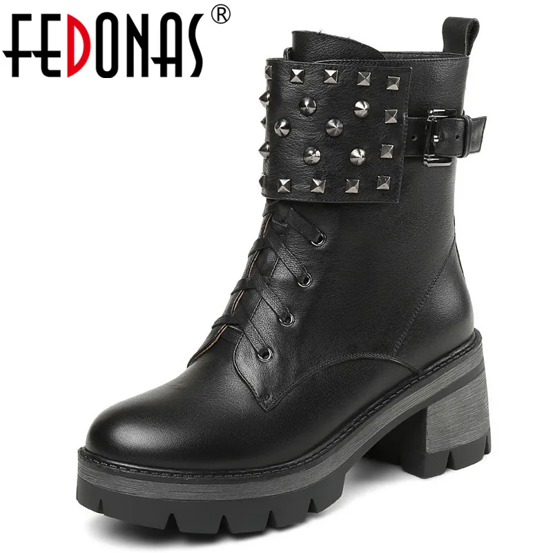

FEDONAS Punk Women Genuine Leather Ankle Boots High Heels Rock Rivets Short Motorcycle Boots Platforms Basic Boots Shoes Woman