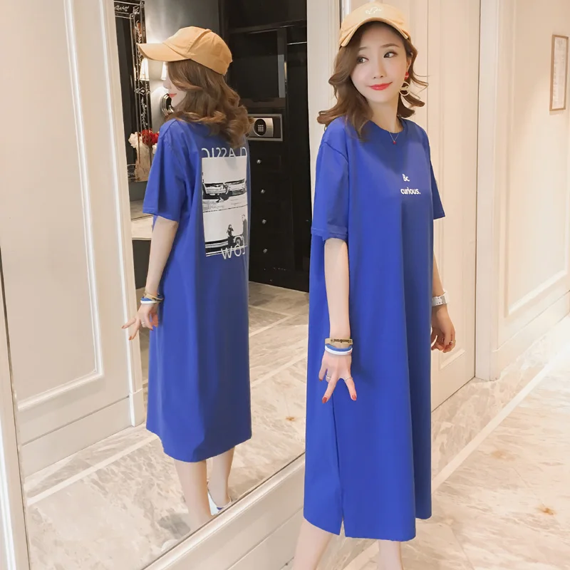 

2019 Korean tshirt dress women's spring summer loose long section short-sleeved T-shirt dresses blue slim plus size dress women