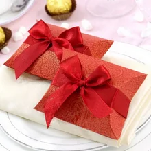 Red Paper Pillow Shape Party Favors Wedding Gift Bridal Shower Birthday Party Chocolate Boxes with Satin Ribbon Bow 12pcs