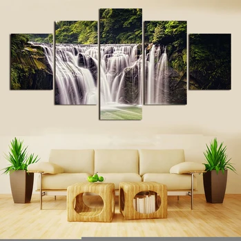 

2016 Oil Painting Canvas Painting Unframe 5 Panels Mountain And Waterfall Scenery Hd Picture Print Artwork Home Decor Wall Art