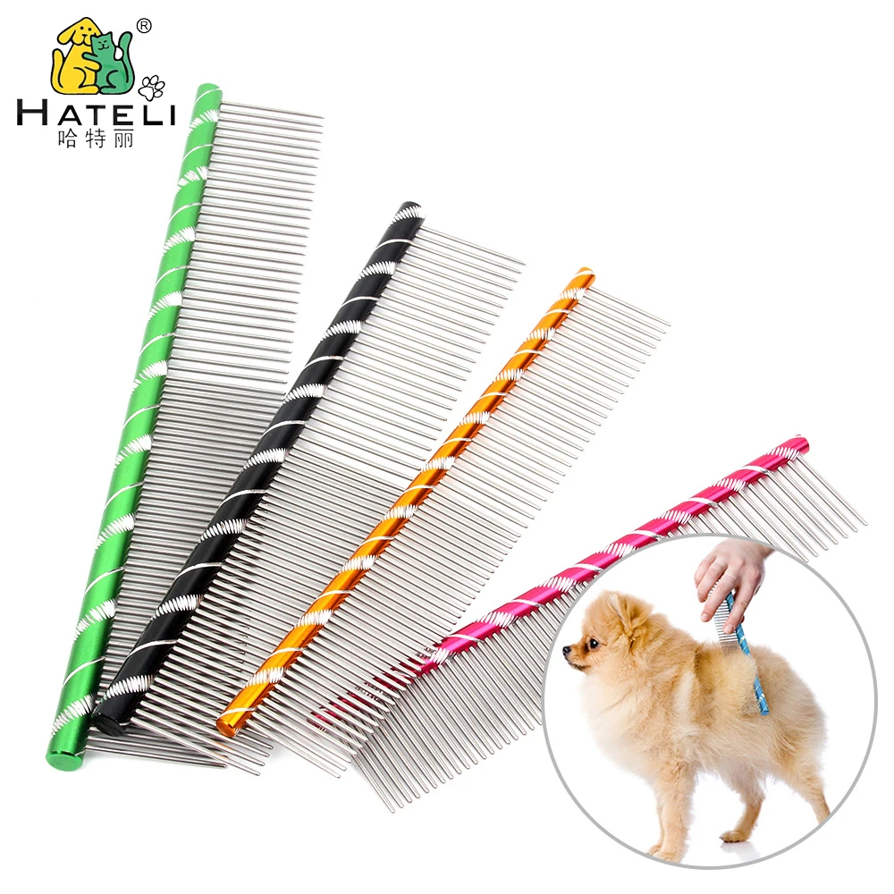 

Hateli Nice Carven Handle Pet Comb Multi-Colored Grooming Dog Brush Stainless Steel Combs For Shaggy Cat Dogs Stripe DeShedding