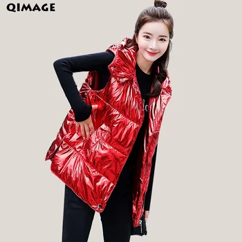 

QIMAGE 2018 Winter Vest Women Waistcoat Female Silver Metal Color Vest Women Waistcoat Sleeveless Jacket Vest feminino Big size