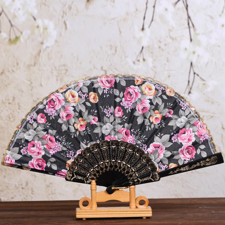 European rose lace hand fan Spanish folding fan dance props party