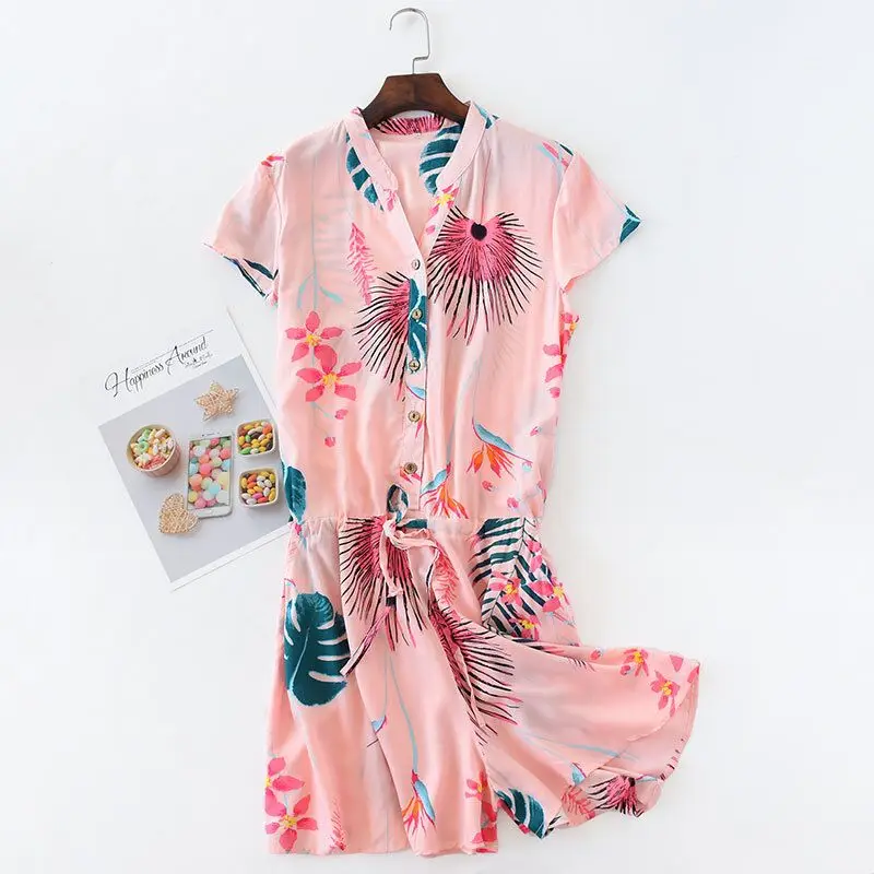 

Summer Cotton Nightgowns Short Sleeve Print Nightdress V-Neck Sleepshirt Pyjama Sleepwear Casual Nightwear Kawaii Lingerie Dress