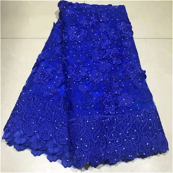 

2019 Newest Styles Royal Blue big stones Embroidery African Guipure Lace Fabric High Quality French Mesh lace fabric with beads