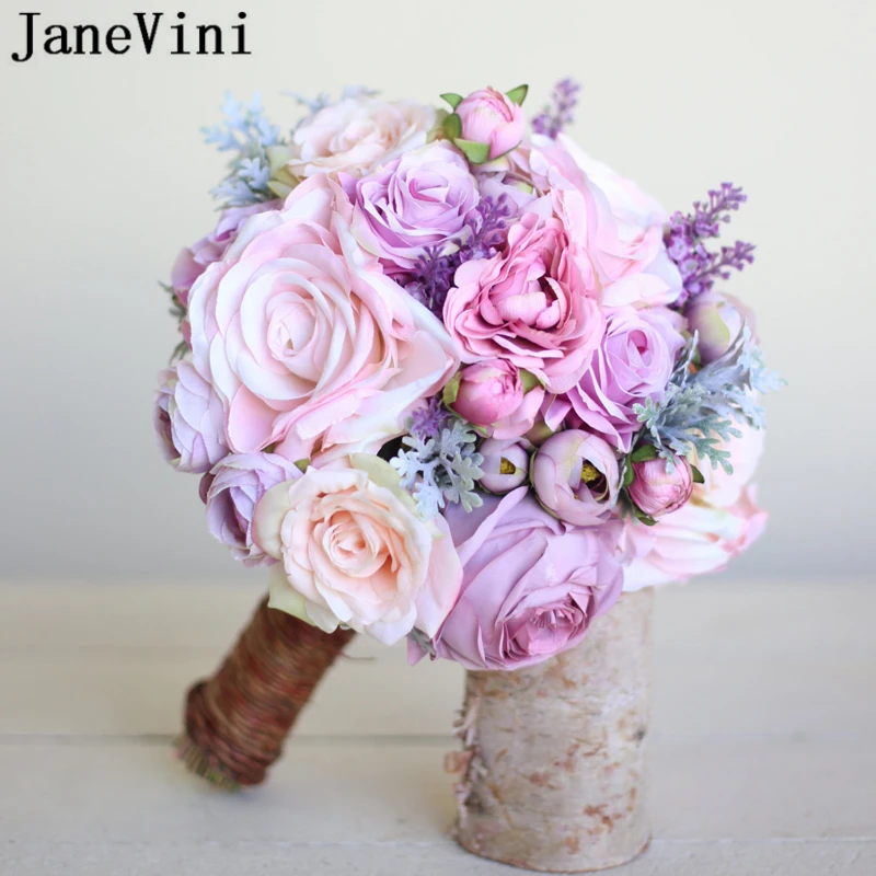 JaneVini Romantic Pink Wedding Bouquet Bridal Flowers Fiori Sposa Artificial Silk Light Purple Roses Ramos De Flores Para Boda | Свадьбы и