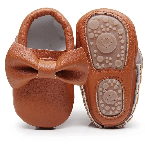 Мокасины с твердой подошвой для малышей; милая обувь с бантом для первых ходунков; обувь из искусственной кожи для маленьких девочек; модная детская обувь для малышей - Цвет: brown