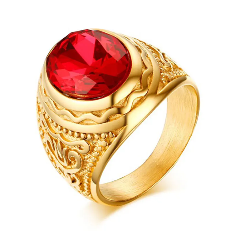 

High Quality Gold Color Mens Ring Big Red Stone Ring for Men Stainless Steel Retro Punk Jewelry Accessories