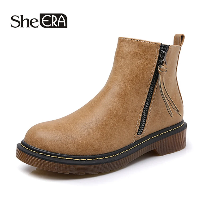 Botines Retro para mujer, zapatos informales con cremallera, color ocre/gris/Negro,  Primavera/Otoño/Invierno|Botas hasta el tobillo| - AliExpress