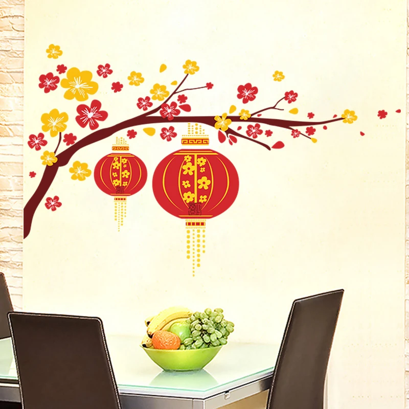 

festive Chinese New Year red lantern peach flowers pvc wall art decals for living room home decor diy removeable stickers