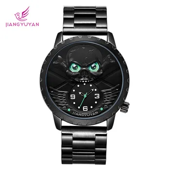 

mens watches luxury brand student watch 3D cool green eyes skull steel strap black water resistant unique mens gifts 1622