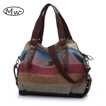 

K2 Patchwork Canvas Bag Rainbow Stripe Tote Bag High Quality Women Casual Shoulder Bag Mother Shopping Bag Big Handbag Bolsa2019