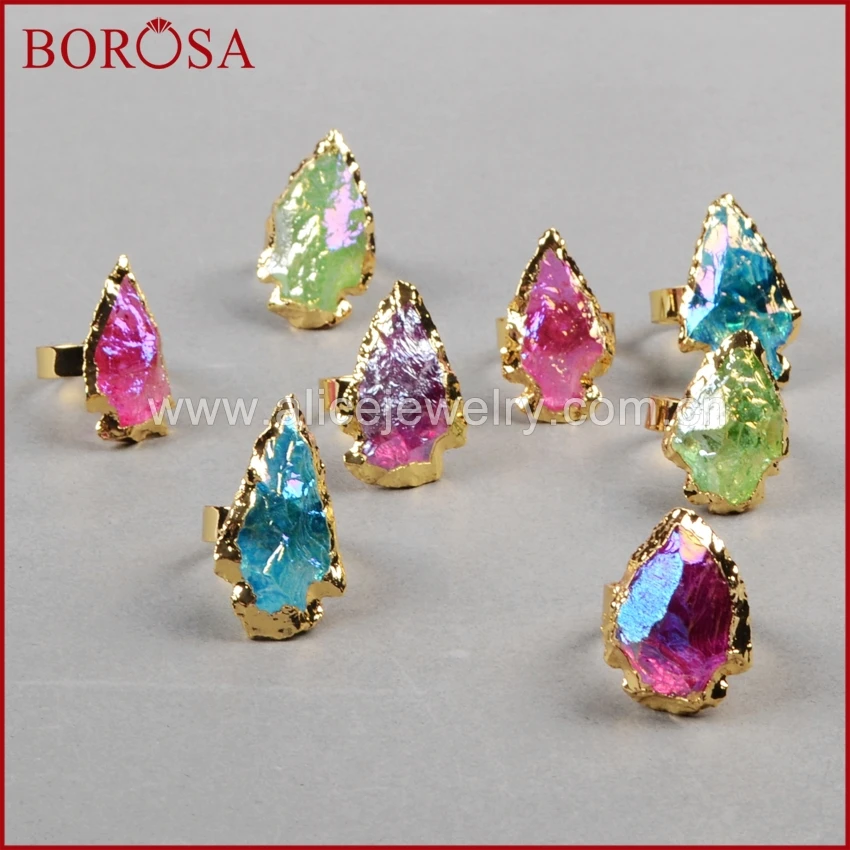

BOROSA Fashion Druzy Arrowhead Gold Color Rainbow Titanium Quartz Rings Party Gifts for Women Free Shipping G0826