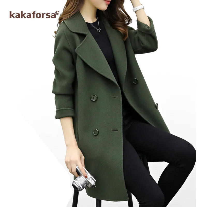Kakaforsa New Womens Wool Blend Coat Turn Down Collar Slim Belt Double