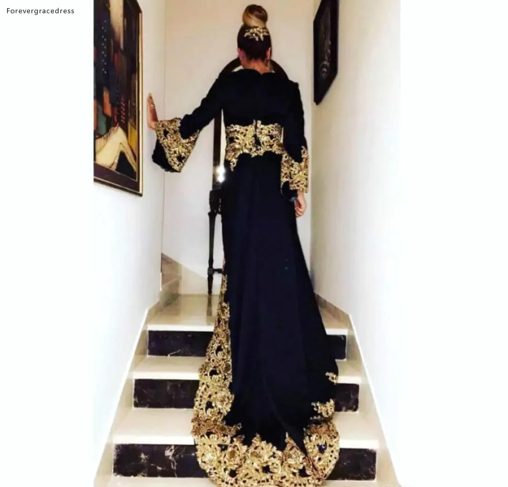 Black Lace Appliques Muslim Evening Dresses With Long Sleeves 2019 Gold Embroidery Formal Celebrity Gowns Split Prom Dress Arabic BC1299  145 (3)