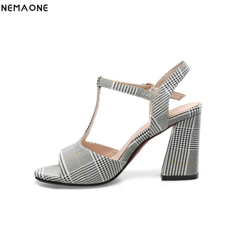 NEMAONE Women sandals 2018 sandal genuine leather shoes women gingham T-strap high heels ladies summer shoes large size 10 11 12