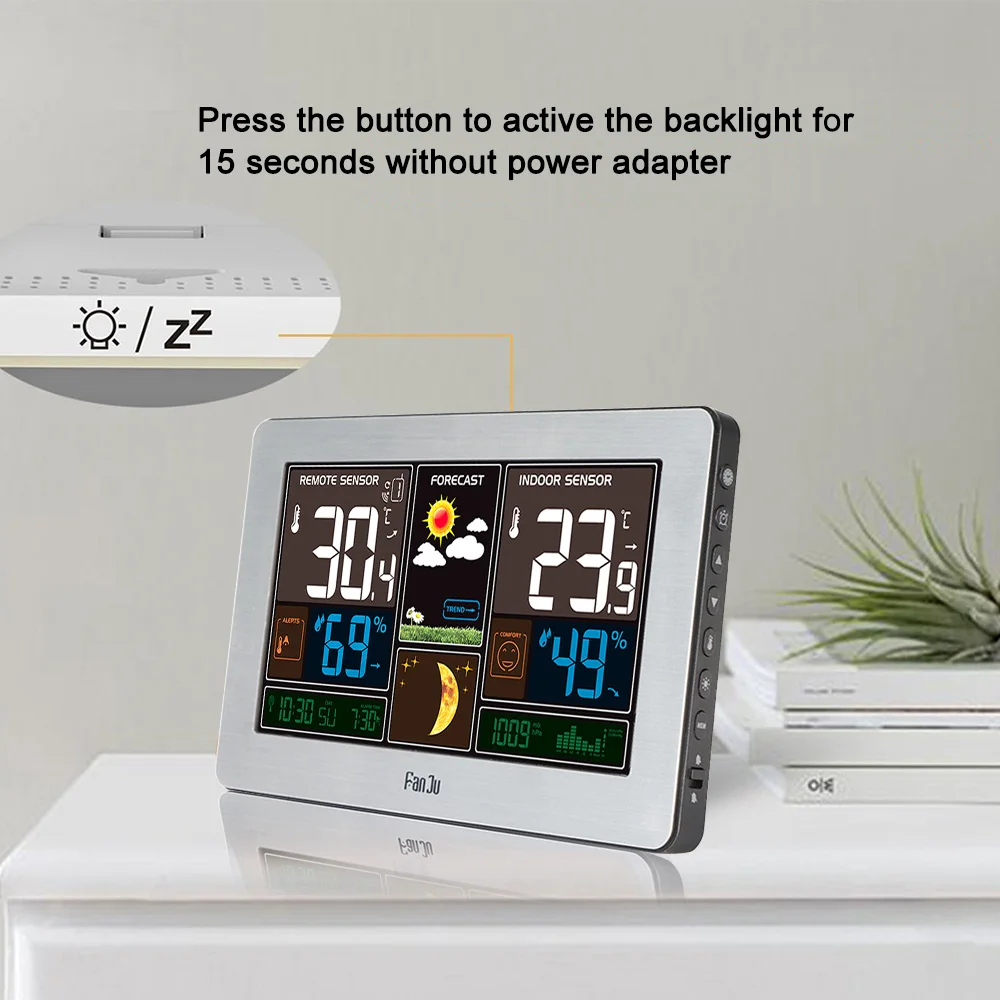 FanJu FJ3378 Wireless Weather Station Wall Digital Clock Barometer Thermometer Hygrometer Sensor Forecast Colorful LCD Display thermometer hygrometer digital thermometer temperature and humidity meter digital wall clock temperature sensor hygrometer thermometer