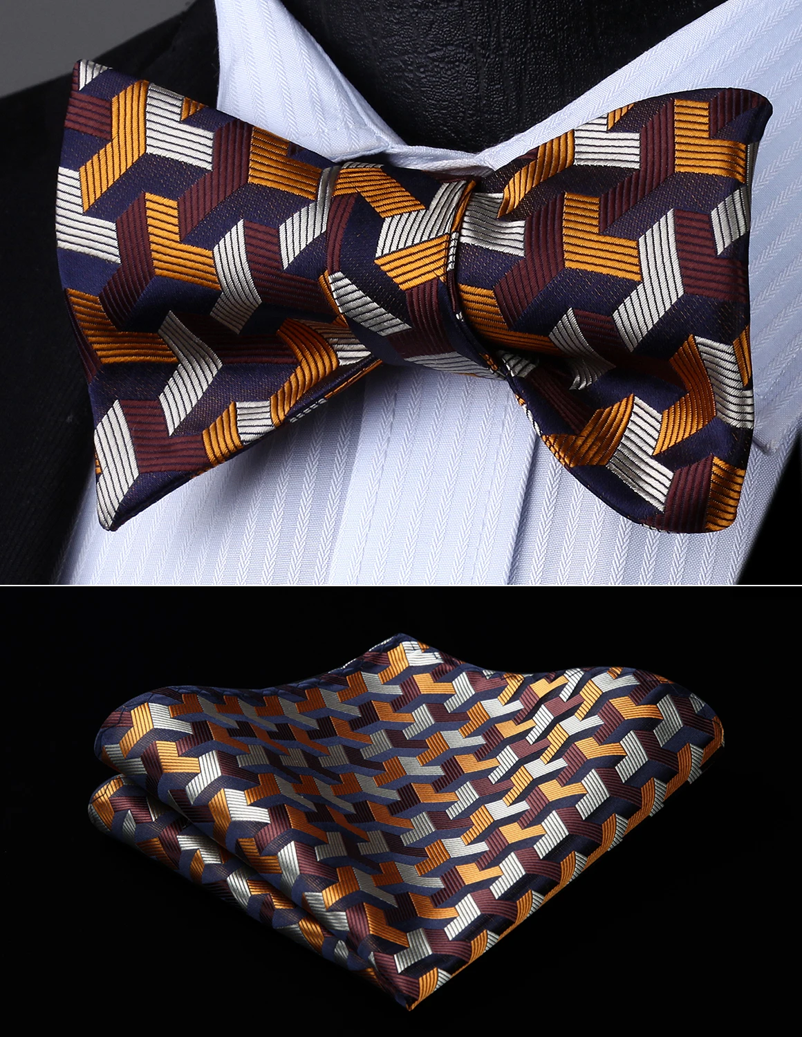 

Men Woven Party Wedding Brown Yellow Geometric Self Bow Tie Pocket Square Set#BG804ZS Bow Tie handkerchief set