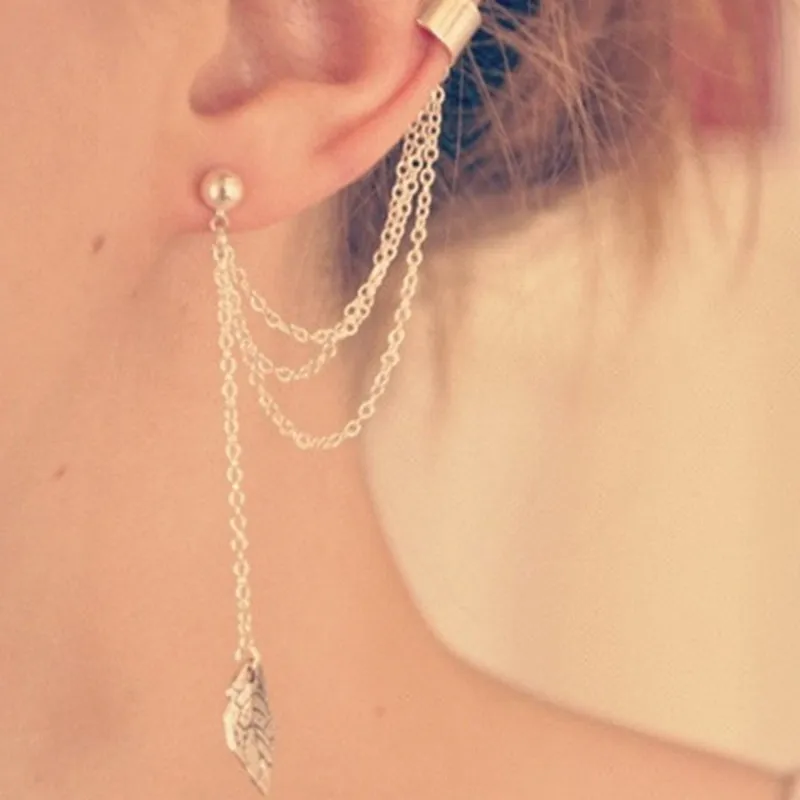

Women Girls Gold Jewelry Wholesale Silver With Long Chain Tassel Long Drop Leave Tassel Ear Clip Earrings For Lady E066