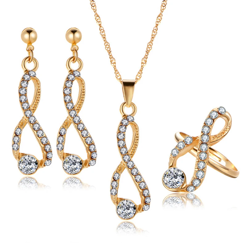 

Fashion Women Wedding Jewelry Sets Crystal Earrings Necklace Ring Set Rhinestone Bridal Luxury Jewellery Accessories Gifts