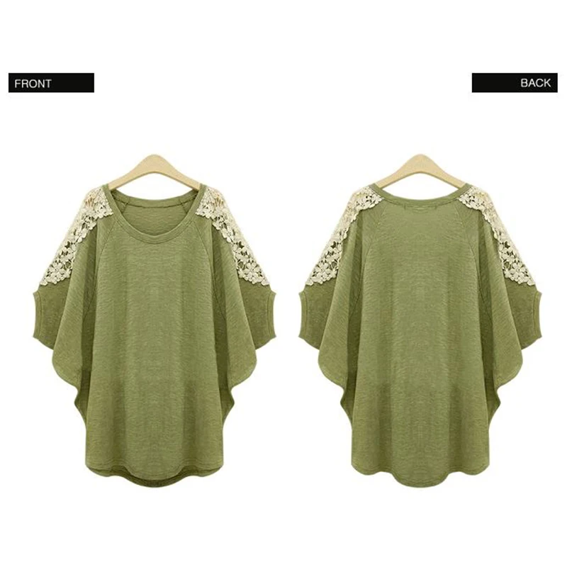 Summer Loose Bat Short-sleeved t-shirt femme Lace Patchwork T-shirt Plus Size 5xl 6xl Hollow Out tshirt Tops Women Army Green Summer Loose Bat Short-sleeved t-shirt femme Lace Patchwork T-shirt Plus Size 5xl 6xl Hollow Out tshirt Tops Women Army Green