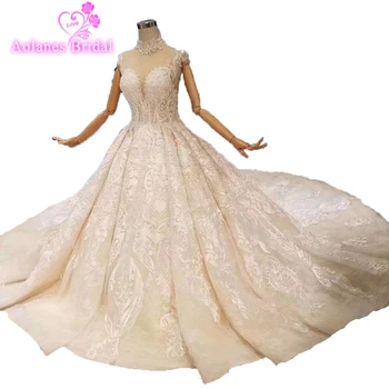 شراءمذهل الفاخرة رداء دي Mariee 2019 فستان الزفاف عالية الرقبة بلورات الديكور الدانتيل الزفاف ثوب زفاف الزفاف حزب تظهر فساتين