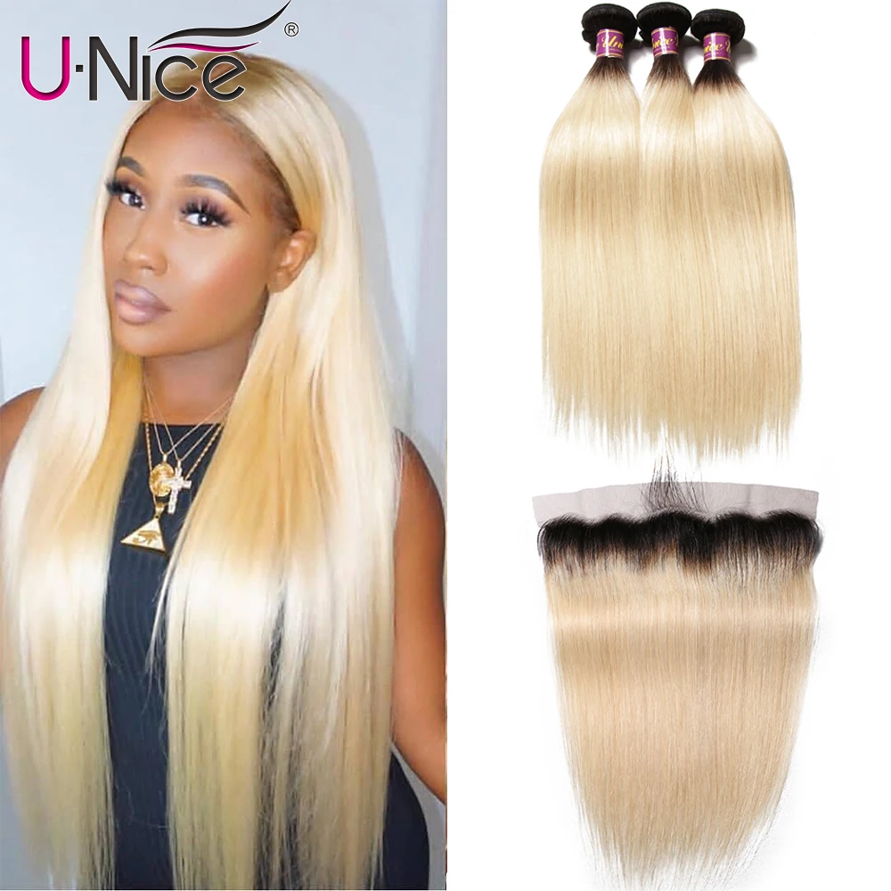 

Unice Hair 1B 613 Dark Roots Blonde Ombre Brazilian Straight Hair 3 Bundle with 13x4 Lace Frontal Closure 100% Remy Human Hair