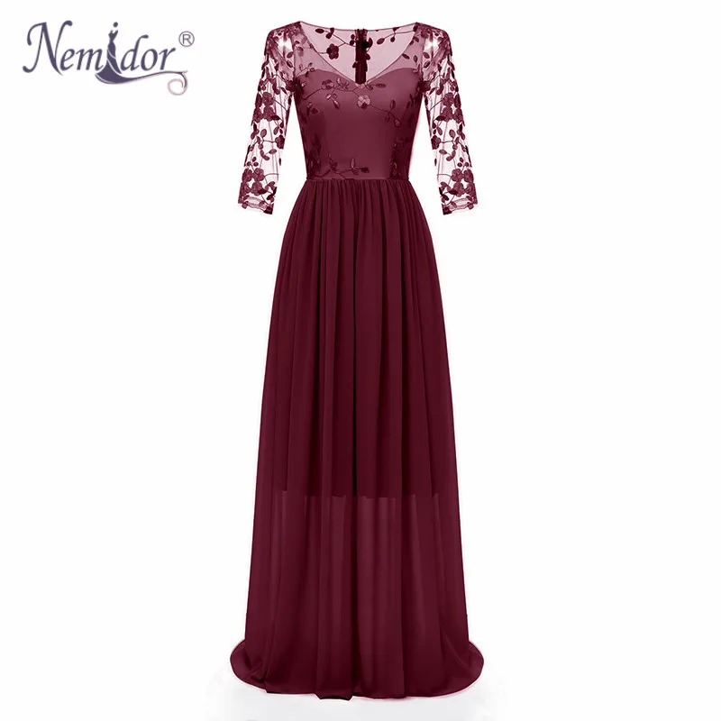 

Nemidor 2019 Women Elegant 3/4 Sleeve Vintage Bridesmaid Patchwork Party Dress Sexy Vneck Mesh Embroidery Long Maxi Dress