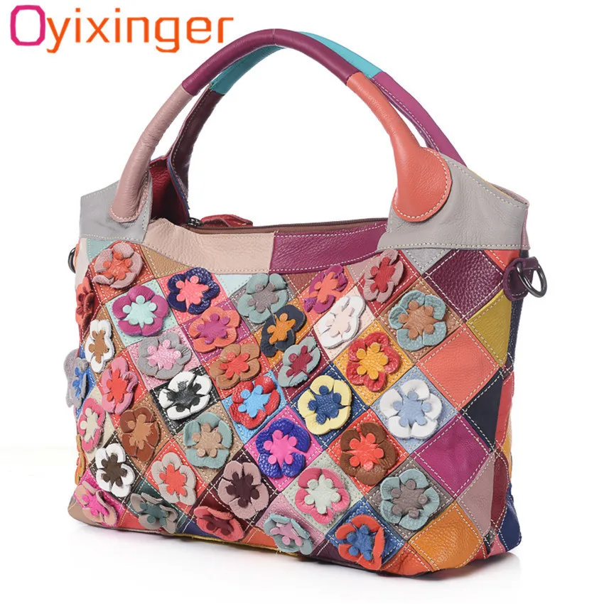 

Oyixinger Ladies Large Shoulder Bag 2018 Famous Brand Genuine Cowhide Leather Women Handbags Flowers Tote Patchwork Colorful Bag