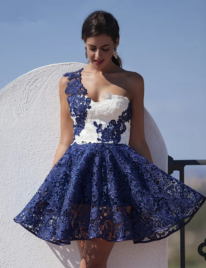 

Sexy One Shoulder Navy Blue White Lace Cocktail Dresses vestido social New Arrival A Line Mini Sweetheart Party Gowns