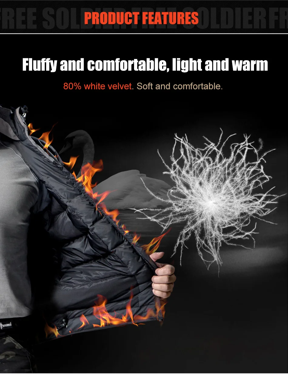 FREE SOLDIER гусиный пуховик для мужчин зимний Кемпинг Туризм Спорт на открытом воздухе теплое пальто с капюшоном куртка 80% белый гусиный пух