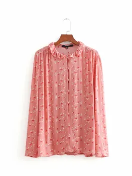 

2019 New Summer Women Floral Print Sweet Shirt Girly Ruffled Stand Neck Pink Blouse Ruffles Fashion Long Sleeve Casual Top